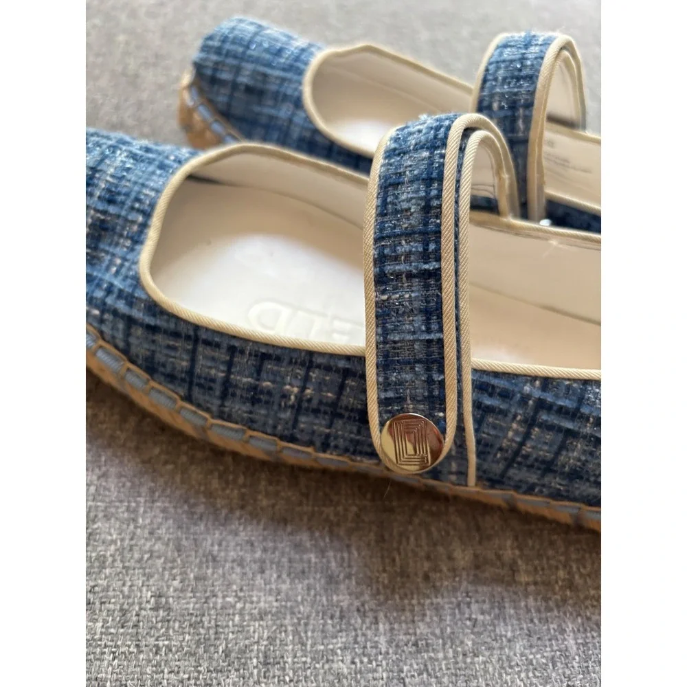 Karl Lagerfeld Paris Mikai Blue Tweed Espadrille Mary Jane Flats US 7.5M